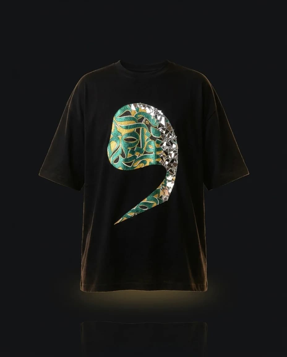 Black oversized tee — metallic leather vao over shattered-mirror mosaic