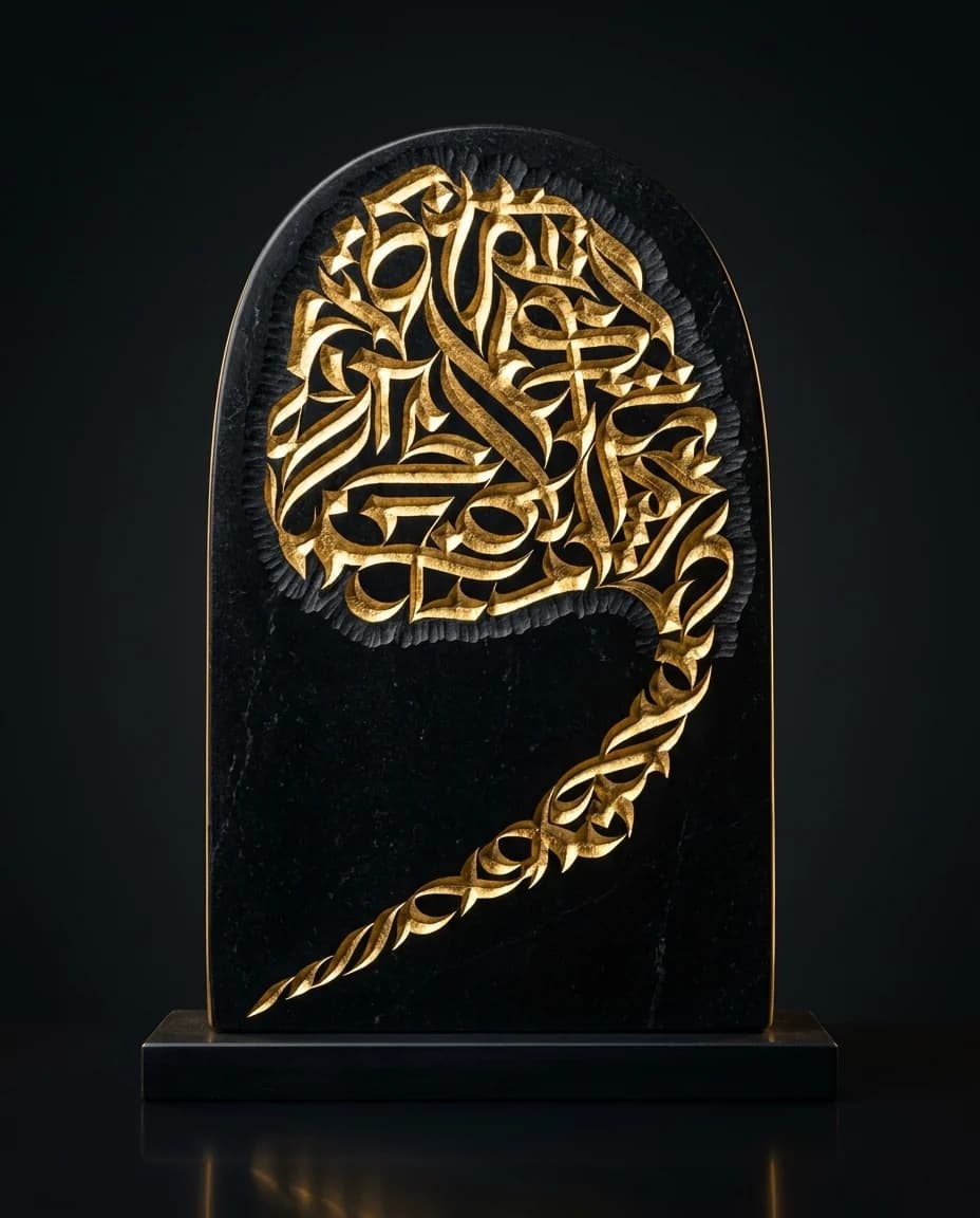 Black marble stele — the letter in Bayaan voice, carved and gilded