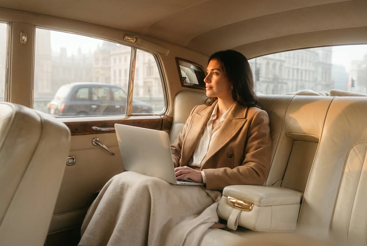 Executive working in the back seat of a BLACKMILE car