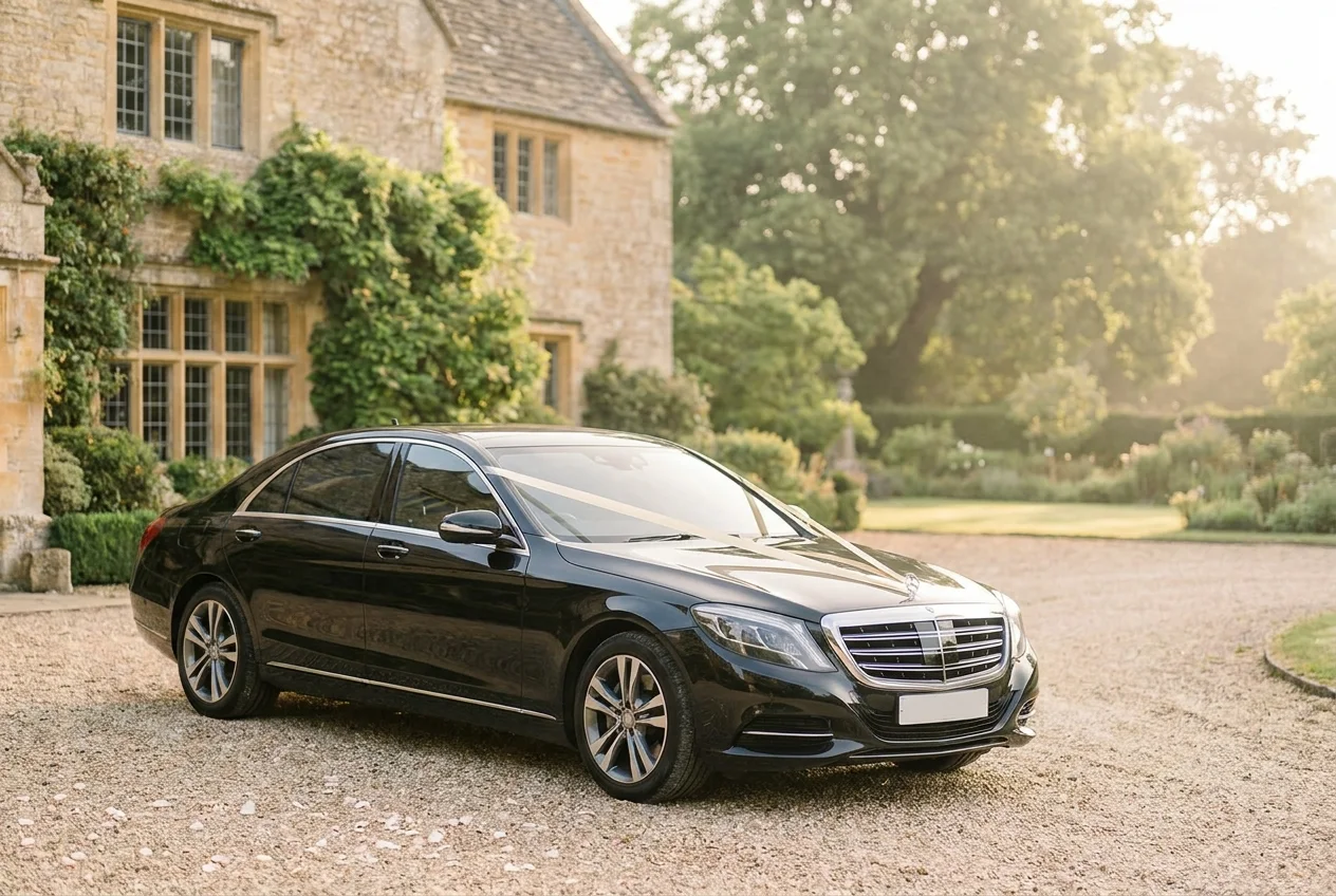 Ribboned wedding S-Class outside an English manor